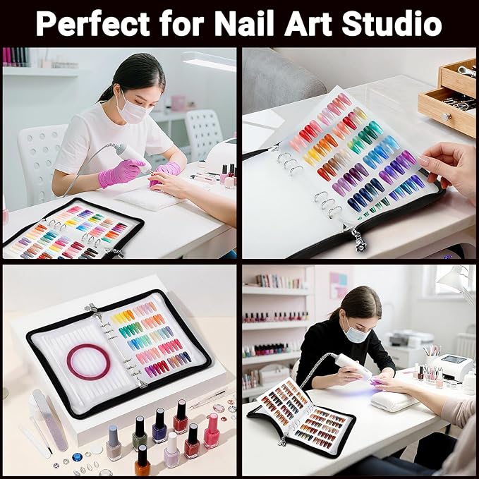 Segbeauty Nail Polish Color Swatches with Zipper, Nail Display Book A5 Binder, Press On Nails Stand with 240 Fake Nails, Polish Swatches Color Display Book Organizer Art Salon Supplies Storage Black