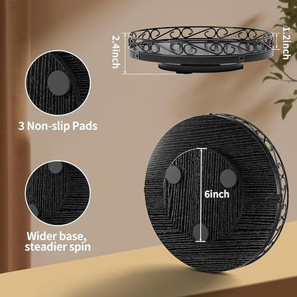 Yoobure 12" Lazy Susan Turntable for Cabinet - Farmhouse Wooden Round Tray for Table Top, 360° Rotating Lazy Susans Counter Organizer with Patterned Raised Edge for Kitchen Dining Table Decor, Black