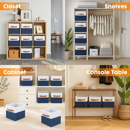 ShellKingdom Storage Bins, Two-Tone Foldable Fabric Storage Cubes with Leather Handle for Closet Toys Clothes Storage Organizer Drawer, 10.5 X 10.5 X 11 inch (White/Dark Blue)