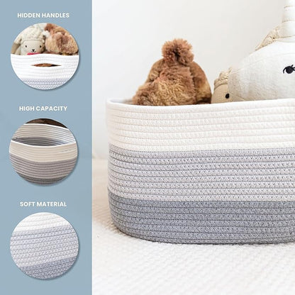 3-Toned Gray Cotton Rope Baskets for Shelves, Set of 3-15"×10"×9½" - Woven Storage Baskets for Organizing - Closet, Nursery, Bedroom, Playroom - Toys, Books, Towels, Clothes
