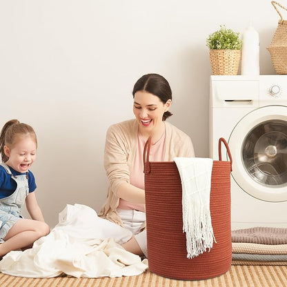 Woven Cotton Rope Laundry basket-15”X20” Laundry Hamper-Rope Storage Basket for Dirty Clothes, Toys and Blankets Perfect for Bathroom, Baby nursery and Living Room Storage (rustic)