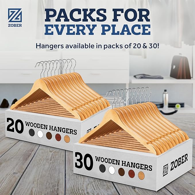 Wooden Hangers - Heavy Duty, Non Slip Wood Hangers for Coats, Jackets, Suits, & Pants - Clothes Hangers for Closet W/Bar and Notches (Natural, 10 Pack)