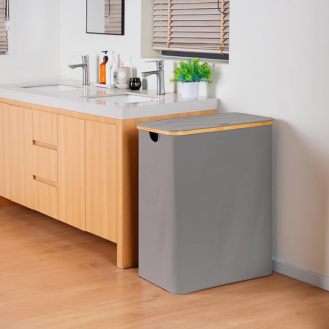 efluky Laundry Hamper with Lid, Trio Laundry Basket with 2 Removable Bags, 3 Section Laundry Bin with Bamboo Handles for Bathroom, Bedroom & Laundry Room, 160L (42.3 Gallon) Silver Grey