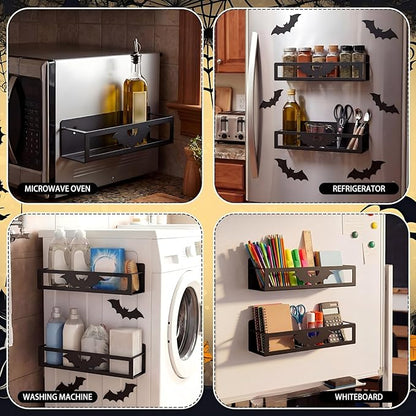 Beeveer 2 Pack Big Bat Magnetic Spice Rack for Refrigerator Metal Magnet Basket Shelf for Fridge Seasoning Storage Organizers Home Decor Kitchen Accessories(Black)