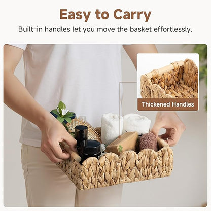 StorageWorks Toilet Paper Basket 2 Pack, Back of Toilet Basket with Wooden Handles, Small Wicker Decorative Scalloped Baskets for Organizing, Living Room Storage, Natural Water Hyacinth