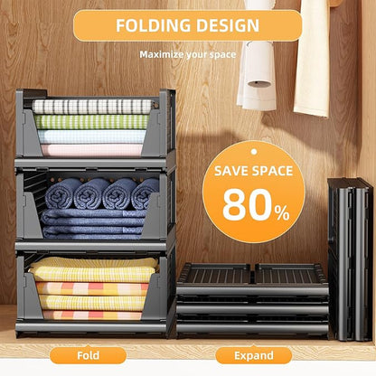 Folding Closet Organizer and Storage for Shelves, 5 Pack Stackable Plastic Storage Basket for Closet, Top Bottom of Closet Organizer, Drawers Organizer for RV, Camper, Pants, Clothes, Office
