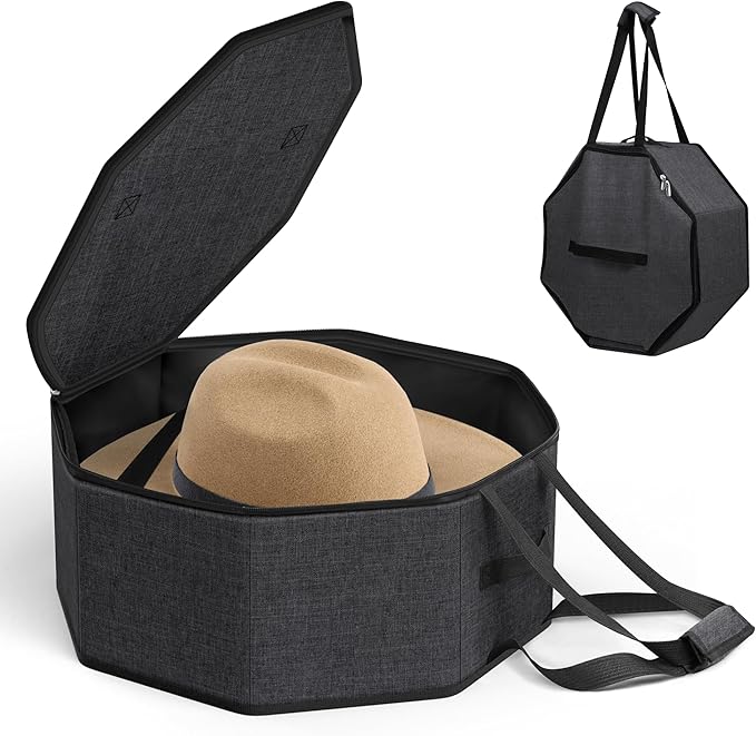 SLEEPING LAMB Hat Box for Travel and Storage, Collapsible Cowboy Cap Organizer for Closet with Handles, Hat Boxes for Men and Women Storage Large Cap Case Carrier with Cardbord, Black