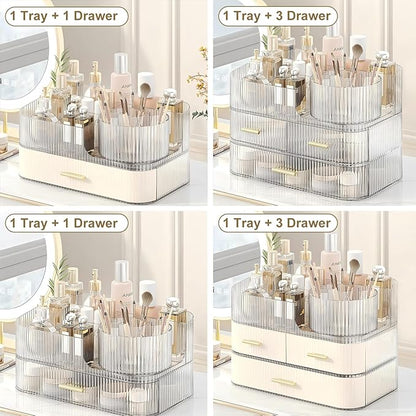 DASITON Makeup Organizer with Drawers and Rotating Makeup Brush Holder,Large Capacity Stackable Cosmetic Organizer Countertop,Bathroom Organizers and Storage,Make up Organizers for Vanity (Cream 03)