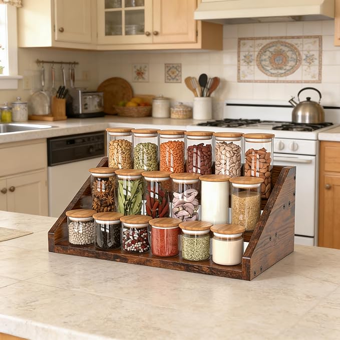 Spice Rack Organizer for Cabinet, Robust Wooden Display Riser Shelf Seasoning Organizer for Countertop Cupboard Pantry, Condiment Jar Kitchen Storage Holder Super Sturdy Stand, Rusitc Brown (3-Tier)