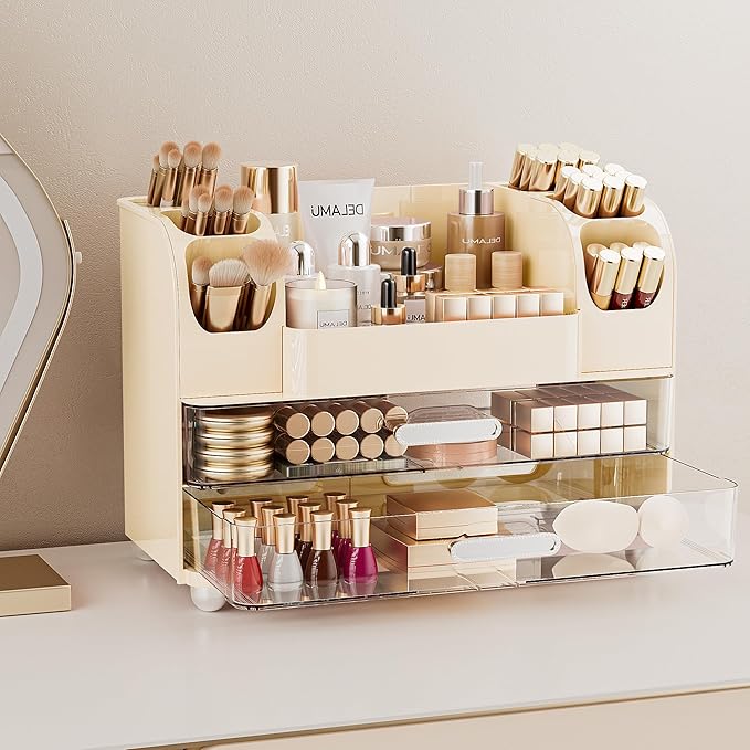 Delamu Large Makeup Organizer Countertop with 6 Brush Holders, Makeup Organizers for Vanity with 2 Large Drawers, Easy to Store Skincare, Lipsticks, Nail Polishes, Eyeshadow Palettes, Cream White