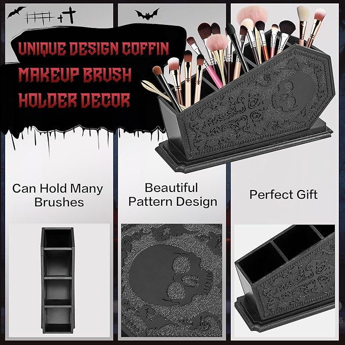 Gothic Coffin Decor Makeup Brush Holder,Spooky Witchy Gifts for Women,Skull Cosmetic Display Cases,Goth Decor Pen Holder, Vanity, Desk, Office Organizer for Christmas Bedroom Bathroom (Black)