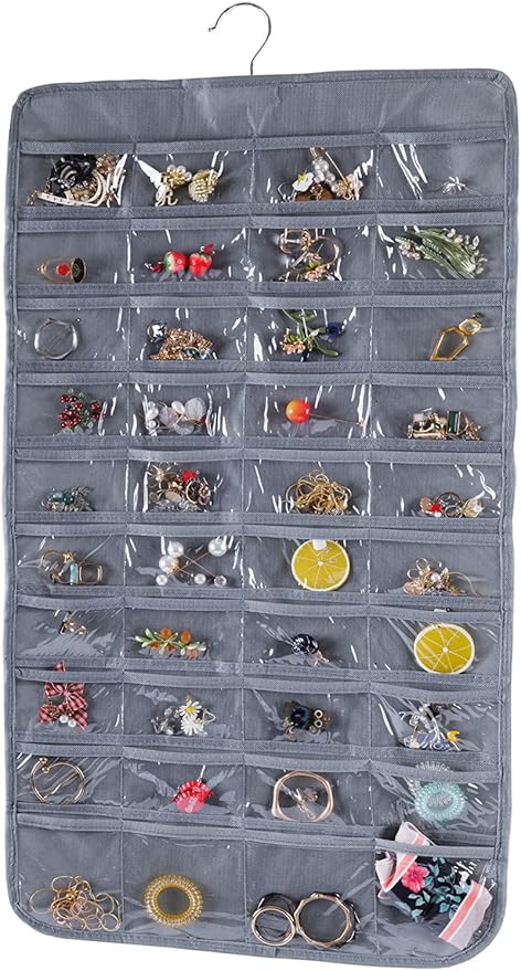Bloss Hanging Jewelry Organizer, Earring Organizer Double Sided 80 Pocket Jewelry Chain Storage Bag 2 Layer of Fabric Jewelry Holder for Necklace Bracelet - Gray