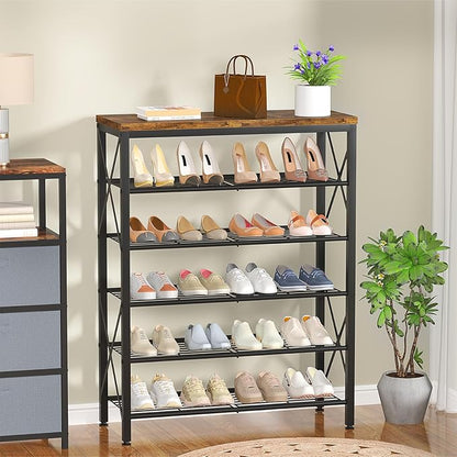 6-Tier Shoe Rack Organizer, Large Capacity Shoe Shelf with Metal Shelves, Holds up to 24 Pairs of Shoes, Shoe Storage for Entryway Closet Bedroom, Rustic Brown