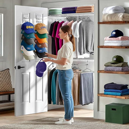 Hat Organizer for Baseball Caps Wall, 2 Pack Hat Holder for Closet Door Hold up to 16 Hats,Hat Hook with Adhesive and 8 Screws, Hat Hanger Cap Holder Hat Hangers for Wall Closet Door Bedroom(A-White)