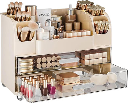 Delamu Large Makeup Organizer Countertop with 6 Brush Holders, Makeup Organizers for Vanity with 2 Large Drawers, Easy to Store Skincare, Lipsticks, Nail Polishes, Eyeshadow Palettes, Cream White