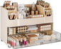 Delamu Large Makeup Organizer Countertop with 6 Brush Holders, Makeup Organizers for Vanity with 2 Large Drawers, Easy to Store Skincare, Lipsticks, Nail Polishes, Eyeshadow Palettes, Cream White