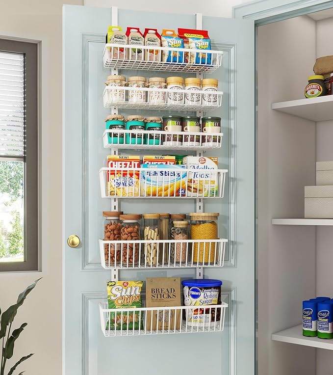 Mefirt Over The Door Pantry Organizer, Pantry Organization and Storage, 6-Tier Deep Baskets Hanging Heavy-Duty Metal, Wall Spice Rack Seasoning Shelves for Home & Kitchen, Laundry Room Bathroom, White