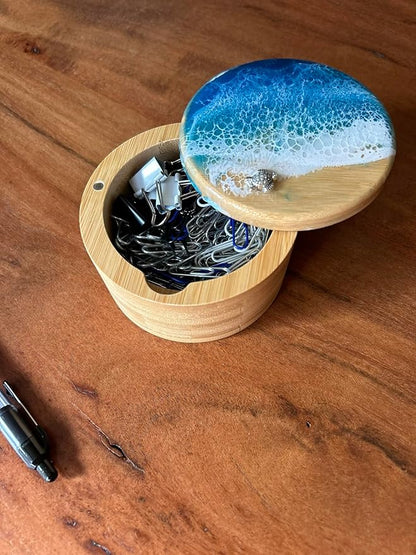 Ocean Resin Art Bamboo Salt Box, Salt Cellar, Bath Salt Container, Storage Box, Herb, Salt, Pepper, Sugar, Spices Storage Box with Magnetic Swivel Lid, Spoon and Turtle Charm