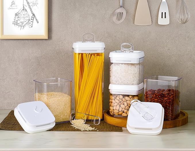 Felli Flip Tite Storage Container with Built-In Spoon & Airtight Lid 5” Large-M Ring Flip Top, Stackable Acrylic Canister for Sugar Flour Powder, Kitchen Pantry Organizer (1.8qt), 2 spoons