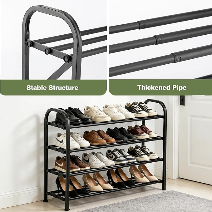 4-Tier Expandable Shoe Rack, Stackable and Adjustable Shoes Organizer Storage Shelf, Sturdy and Durable Metal Structure Free Standing Shoe Rack for Closet Entryway Doorway