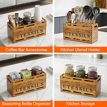 Acacia Wood Extra Large Utensil Holder for Kitchen Counter Rustic Spatula Holder For Counter Top Organizer Kitchen Cooking Utensil Storage Countertop Silverware Caddy Wooden Spoon Kitchen Tools Holder