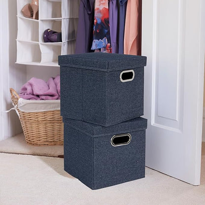 Household Essentials Collapsible Cotton Blend Cube Storage Box with Lid and Metal Grommet Handle, Set of 2, Denim