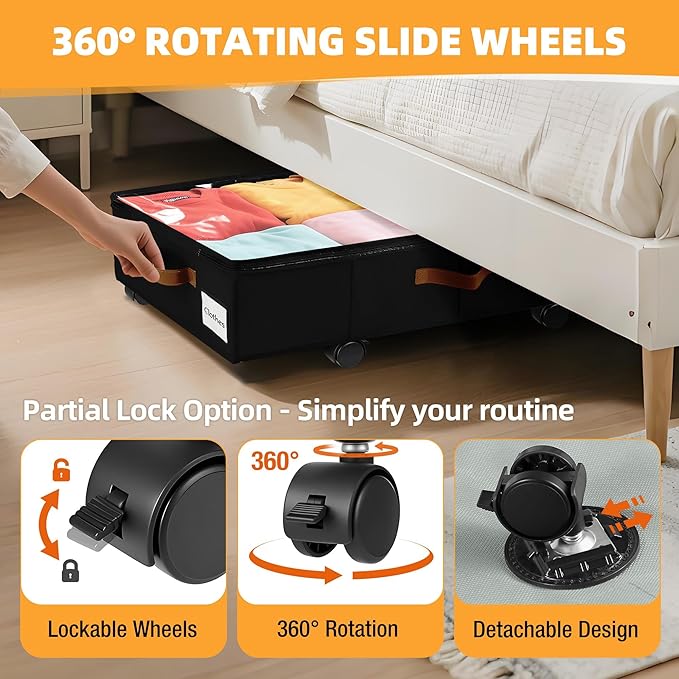 Under Bed Storage with Wheels,Underbed Storage with Sturdy Sidewalls/Bottom, Clear Cover, Label and PU Handle, Rolling Under Bed Drawers for Clothes, Shoes, 6.5 Inch Height,Black, 4 Pack