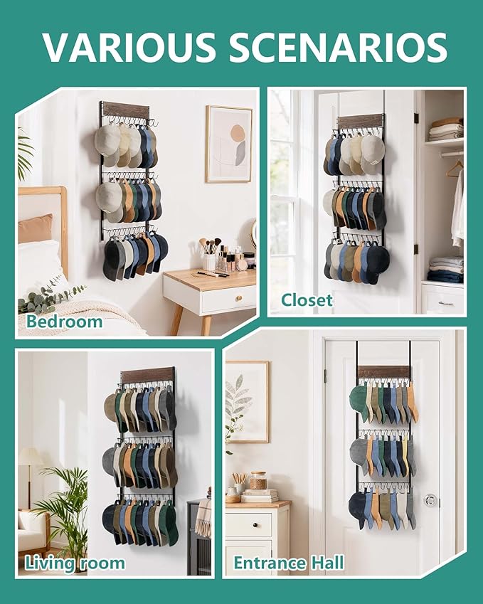 FANGSUN 3-Tier Over the Door Hat Rack with 30 Movable Hooks – Wall Mounted Hat Organizer for Baseball Cap Storage, Cap Holder Gifts for Men Dad, Christmas Presents