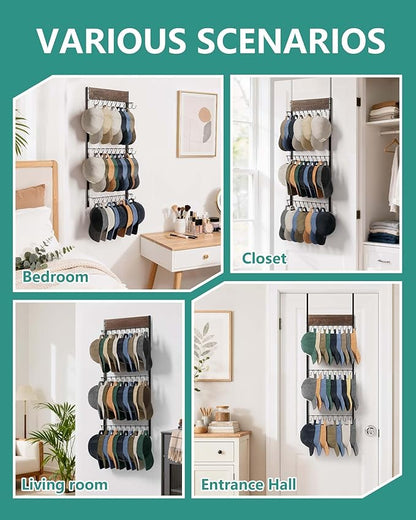 FANGSUN 3-Tier Over the Door Hat Rack with 30 Movable Hooks – Wall Mounted Hat Organizer for Baseball Cap Storage, Cap Holder Gifts for Men Dad, Christmas Presents