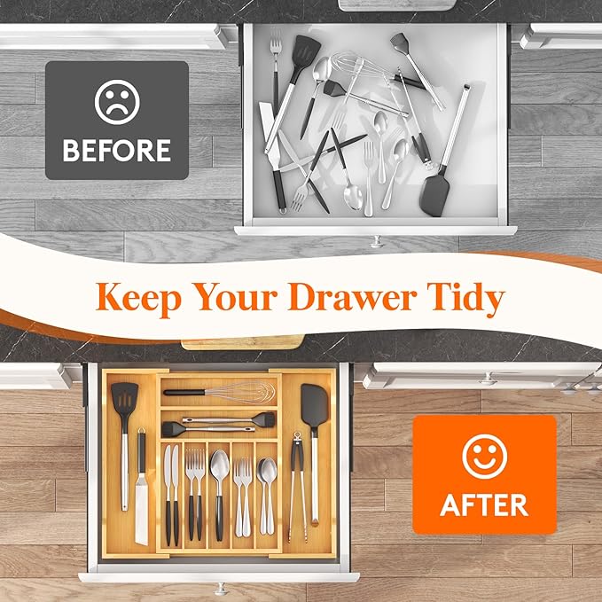 Lifewit Silverware Drawer Organizer, Expandable Utensil Tray for Kitchen, Flatware and Cutlery Holder, Wood Adjustable Storage for Spoons Forks Knives, 31-53 x 43cm, Natural