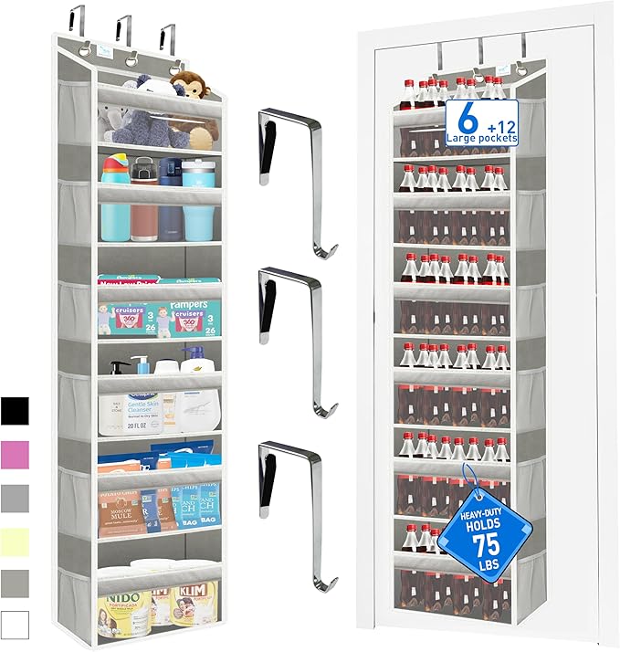 over the door organizer, Solid Bamboo Board (Not Plastic!) 6-Tier Heavy Duty 75LB, 12 Side Pockets, 3 Reinforced Hooks & Anti-Slip Pads, Waterproof & Washable, No Sagging, No Door Damage,Dusk Grey