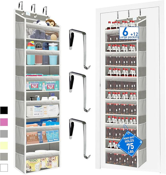 over the door organizer, Solid Bamboo Board (Not Plastic!) 6-Tier Heavy Duty 75LB, 12 Side Pockets, 3 Reinforced Hooks & Anti-Slip Pads, Waterproof & Washable, No Sagging, No Door Damage,Dusk Grey