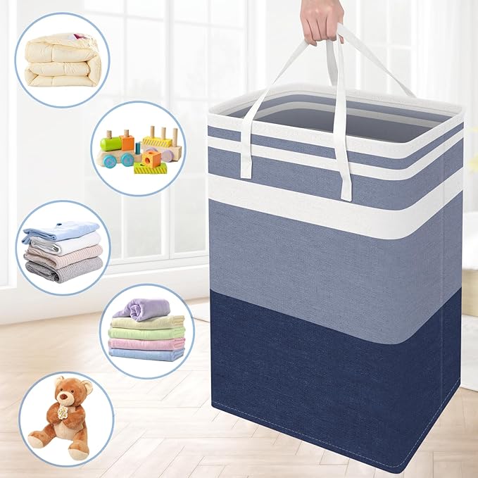 BlissTotes 3-Pack Laundry Basket, Freestanding＆Waterproof Laundry Hamper, Collapsible Tall Clothes Hamper with Easy Carry Handles for Clothes, Towels in the Family and Dorm,Gradient Blue,75L