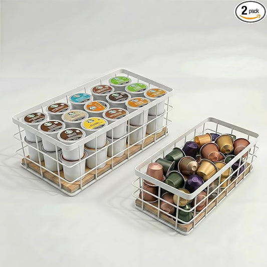 2-Pack White Coffee Pod Holder Basket with Wooden Base - Minimalist Cpffee Pod Organizer for Coffee Station, High-Capacity Wire Capsule Storage for Kitchen Countertop Office