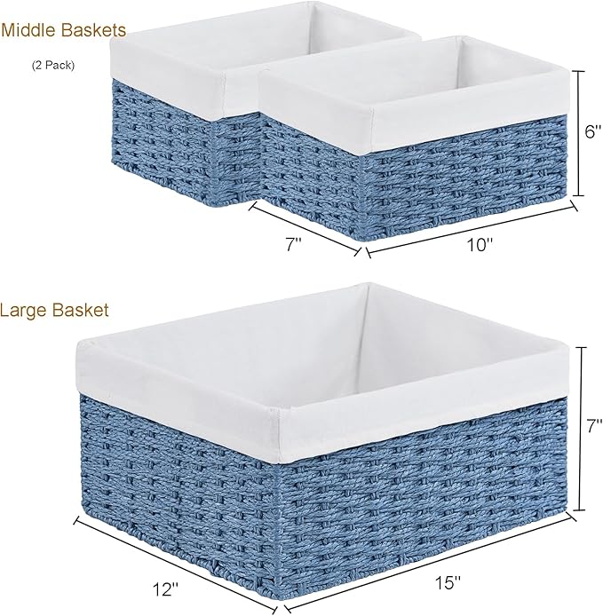Vagusicc Wicker Basket, Set of 3 Hand-woven Storage Baskets for Organizing, Rectangle Wicker Storage Basket Bins with Handles, Small Toilet Paper Storage Baskets for Shelves & Decor, Blue