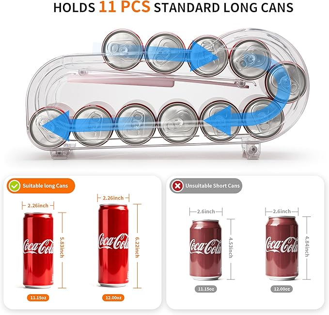 Soda Can Organizer for Refrigerator, Drink Organizer for Fridge, 2 Pack Automatic Rolling Can Dispenser Holder, Organize 11 Pcs Standard Long Cans