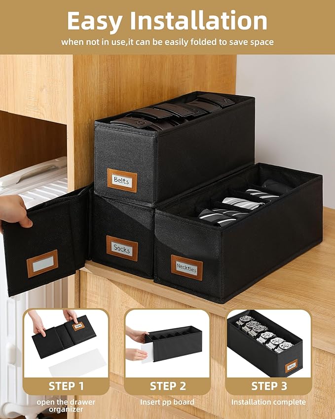 4 PCS Belt Organizer for Closet, 6 Grids Belt Holder, Washable Belt Box, Foldable Tie Organizer for Men, Belt Storage for Drawer (Black, card window)