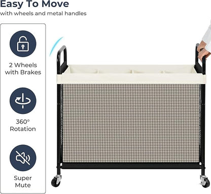 STO STO Laundry Hamper 4 Section, 140L Rolling Laundry Sorter Cart with Removable and Washable Liner Bag, Clothes Hamper with Wheels and Metal Handle for Laundry Room and Bedroom, Beige