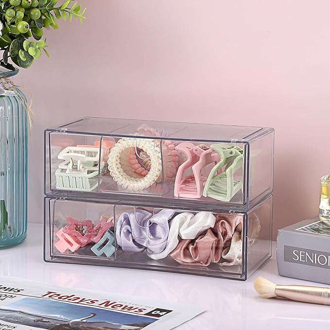 Hipiwe 2-Tier Acrylic Storage Drawer Stackable Box Hair Accessories Organizer Clear Desktop Organizer with Removable Dividers for Vanity Bathroom