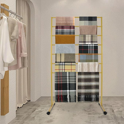 7 Tier Metal Display Rack with Wheels, Floor Standing Scarf Display Stand, Hijab Rack for Retail Stores, Towel, Belts, Ties, and Pants (Gold, 7 Tier)