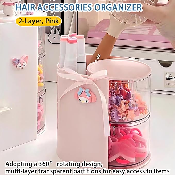 Azurphoric Hair Accessories Organizer with Hair Brush Holder, Rotatable Makeup Brush Holder for Necklaces, Earring, Bracelet, Ring, Makeup Brushes, Hair Clip and Hair Accessories (Pink, 2-Layer)
