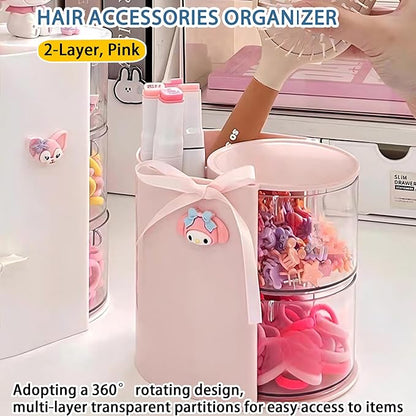 Azurphoric Hair Accessories Organizer with Hair Brush Holder, Rotatable Makeup Brush Holder for Necklaces, Earring, Bracelet, Ring, Makeup Brushes, Hair Clip and Hair Accessories (Pink, 2-Layer)