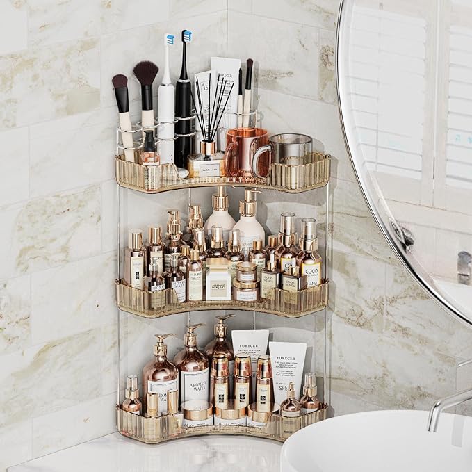Asayuee 3-Tier Corner Bathroom Counter Organizer with Top Toothbrush Holders,Large Makeup Organizer Countertop with Brush Holder,Skincare Organizers Corner,Exquisite Vanity Organizer (Gold, 3 Tier)