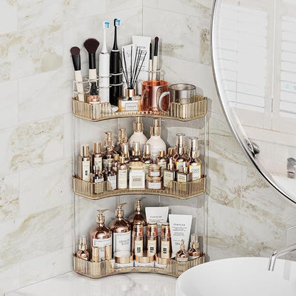 Asayuee 3-Tier Corner Bathroom Counter Organizer with Top Toothbrush Holders,Large Makeup Organizer Countertop with Brush Holder,Skincare Organizers Corner,Exquisite Vanity Organizer (Gold, 3 Tier)