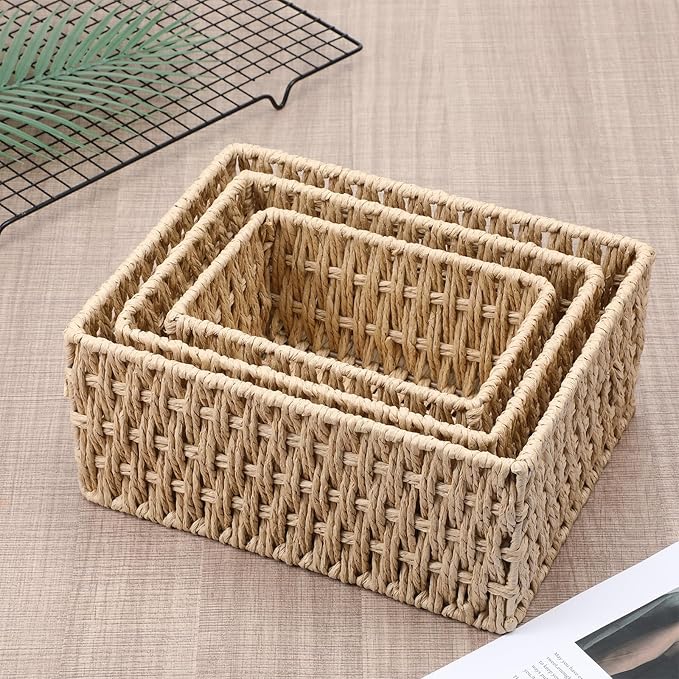3 Pack Wicker Baskets for Organizing, Toilet Tank Basket for Bathroom, Hand-Woven Paper Rope Wicker Baskets, Toilet Paper Storage Basket for Toilets Tank Top for Shelves