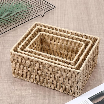 3 Pack Wicker Baskets for Organizing, Toilet Tank Basket for Bathroom, Hand-Woven Paper Rope Wicker Baskets, Toilet Paper Storage Basket for Toilets Tank Top for Shelves
