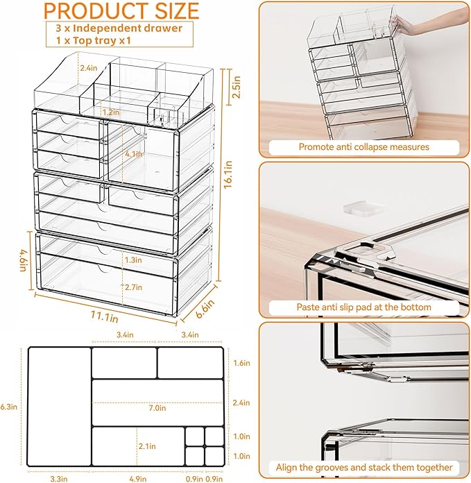 Yieach Acrylic Make up Organizers for Counter,Desk and Vanity,4 Pack Stackable Bathroom Counter Organizer with Drawers,Large Clear Makeup Organizers and Storage for Skincare,Cosmetic,Beauty Products