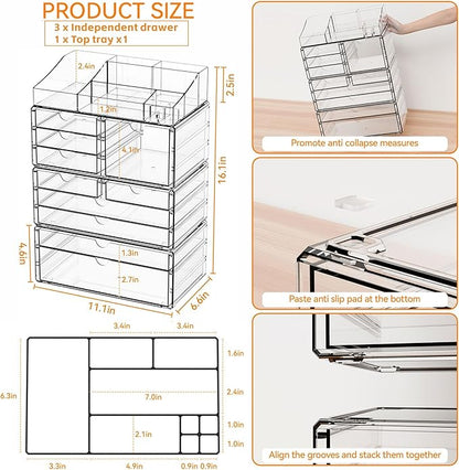 Yieach Acrylic Make up Organizers for Counter,Desk and Vanity,4 Pack Stackable Bathroom Counter Organizer with Drawers,Large Clear Makeup Organizers and Storage for Skincare,Cosmetic,Beauty Products