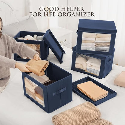 Homsorout Stackable Storage Bins with Lids - Large Storage Box with Lids, Foldable Closet Boxes for Organizing, Wardrobe Clothes Organizer with Window, Cubes Bins for Living Room, 3 Pack, Navy Blue
