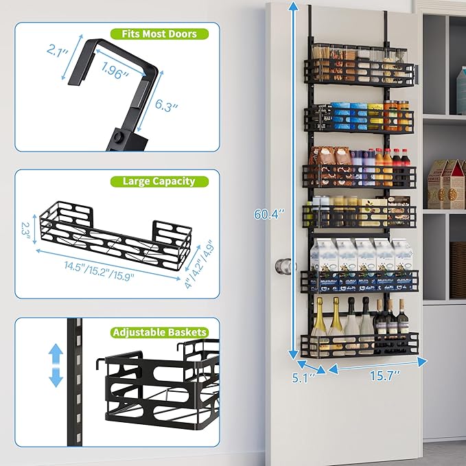 6-Tier Over the Door Pantry Organizer, 60.4"H Adjustable Metal Hanging Storage Rack, 198LBS Heavy Duty Door Mount Organizer for Pantry Laundry Room Bathroom, Black